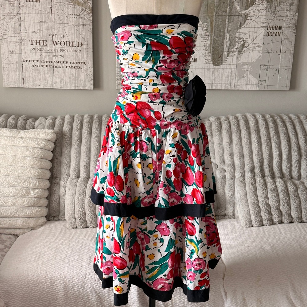 Vintage Robbie Bee Floral Strapless Ruffle Tiered Dress Black Trim Bow Accents‎
